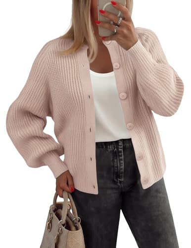 Zeagoo Damen Strickjacke Kurz Strick Cardigan Knit Open Front Sweater mit Knopfleiste Elegant Einfarbig Herbst Winter Strickjacken Champagne L von Zeagoo