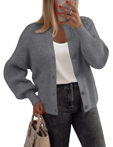 Zeagoo Damen Strickjacke Kurz Strick Cardigan Knit Open Front Sweater mit Knopfleiste Elegant Einfarbig Herbst Winter Strickjacken Dunkelgrau M von Zeagoo