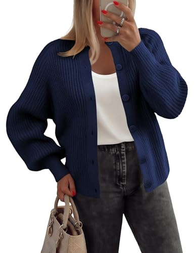Zeagoo Damen Strickjacke Kurz Strick Cardigan Knit Open Front Sweater mit Knopfleiste Elegant Einfarbig Herbst Winter Strickjacken Navyblau XXL von Zeagoo