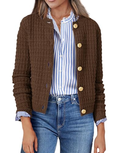Zeagoo Strickjacke Damen Kurz Strick Cardigan Rundhals Knopfleiste Open Front Sweater Elegant Herbst Strickjacken Casual Outwear Jacke Braun M von Zeagoo
