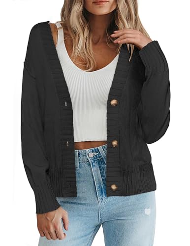 Zeagoo Strickjacke Damen Cardigan Kurz V-Ausschnitt Strickjacken mit Knopf Langarm Sweater Strick Herbst Oberteile Tops Winter Schwarz S von Zeagoo