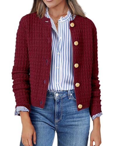 Zeagoo Strickjacke Damen Kurz mit Knopfleiste Strickjacken Cardigan Langarm Rundhals Elegant Jacke Outerwear Einfarbig Strickmantel Rotwein XXL von Zeagoo