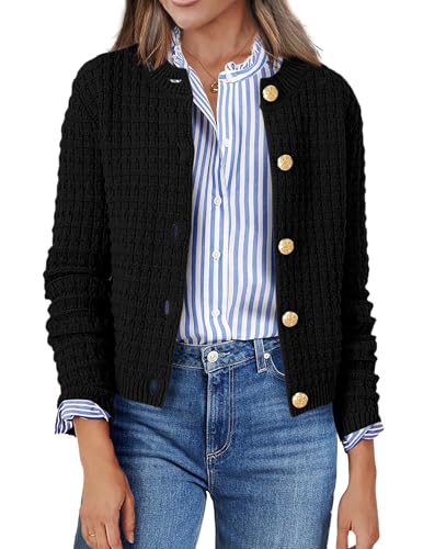 Zeagoo Strickjacke Damen Kurz mit Knopfleiste Strickjacken Cardigan Langarm Rundhals Elegant Jacke Outerwear Einfarbig Strickmantel Schwarz S von Zeagoo