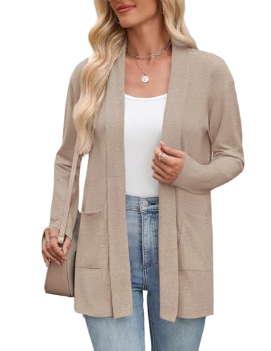 Zeagoo Cardigan Damen Leichte Jacke Dünne Strickjacke Lang Langarm Jacken Herbst Elegant Oberteile Vorne Offen Jacken mit Taschen Casual Einfarbig Tops Khaki XL von Zeagoo