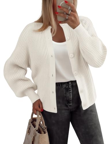 Zeagoo Strickjacke Damen Langarm Grobstrick Cardigan Open Front Sweater mit Knopf Herbst Winter Casual Strickcardigan Pullover Weiß M von Zeagoo