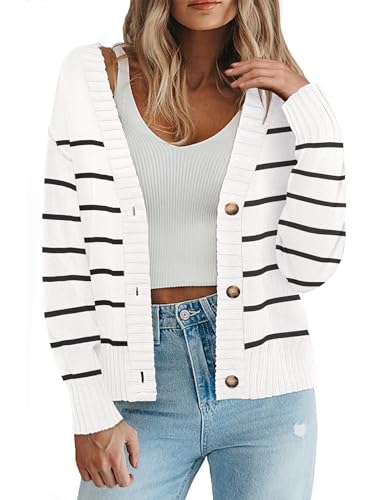 Zeagoo Strickjacke Damen Cardigan Strick Kurz V-Ausschnitt Langarm Sommerjacke mit Knöpfe Vorne Offen Sweater Casual Elegant Schulterjacke Top Weißer Streifen L von Zeagoo