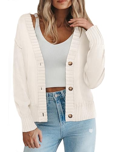 Zeagoo Strickjacke Damen Cardigan Kurz Strickjacken für Herbst Langarm Oberteile Elegant Top V-Ausschnitt Winter Open Front Jacke Casual Pullover Weiß XL von Zeagoo