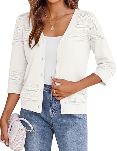 Zeagoo Damen Bolero Elegant Strickjacke Kurz Cardigan Sommer Bolerojacke 3/4 Ärmel Schulterjacke Festlich Kurze Jacke zum Kleid Open Front Mit Knöpfen Weiß M von Zeagoo