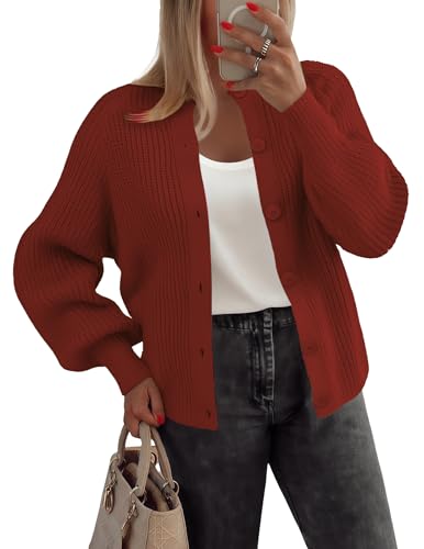 Zeagoo Strickjacken für Damen Rundhals Strickjacke Kurz Cardigan Open Front Sweater mit Knöpfen Elegant Langarm Grobstrick Cardigan Herbst Winter Burgunderrot XL von Zeagoo