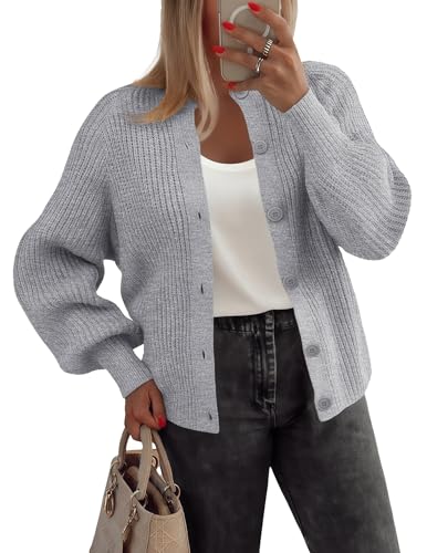 Zeagoo Strickjacken für Damen Rundhals Strickjacke Kurz Cardigan Open Front Sweater mit Knöpfen Elegant Langarm Grobstrick Cardigan Herbst Winter Hellgrau S von Zeagoo