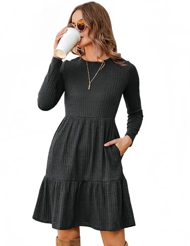 Zeagoo Strickkleid Damen Frühling Herbst Casual Knielang Pulloverkleid Dünn Rundhals Langarm A Linie Kleider Elegant Einfarbig Winterkleid Grau M von Zeagoo