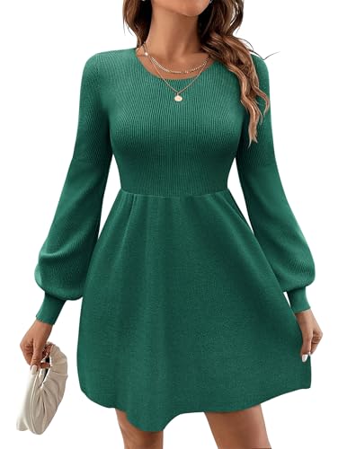 Zeagoo Strickkleid Damen Herbst Langram Kleid Casual Rundhals Hoch Taille Pulloverkleid Elegant A-Linie Minikleid Winter Einfarbig Kleider Grün L von Zeagoo
