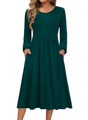 Zeagoo Strickkleid Damen Herbst Leichte Kleid Langarm Midi Kleider A-Linie Rundhals Herbstkleid Elegant Pulloverkleid Winterkleid mit Taschen Dunkelgrün M von Zeagoo