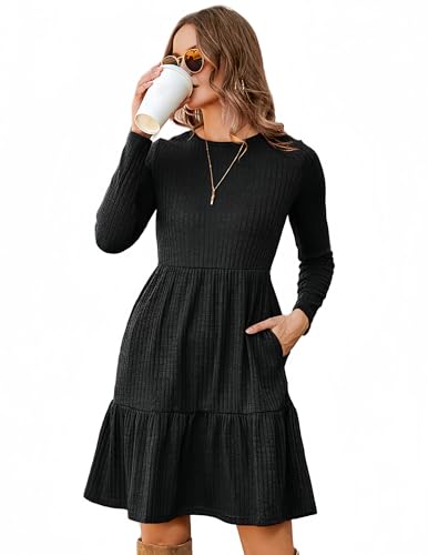 Zeagoo Strickkleid Damen Herbst Rundhals Langarm A Linie Kleid Casual Knielang Pulloverkleid Bequem Einfarbig Herbstkleid Gestrickt Midikleid Schwarz XXL von Zeagoo