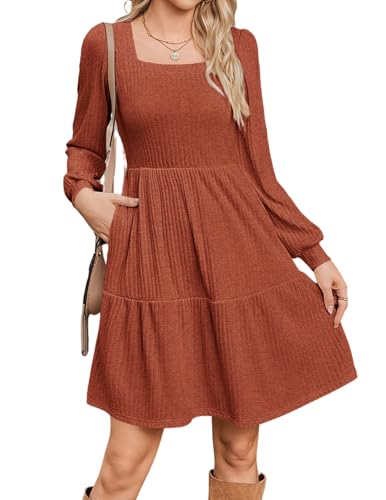 Zeagoo Strickkleid Damen Langarm Kleid A Linie mit Taschen Elegantes Herbstkleid Knielang mit Puffärmel für Herbst Winter Karamell M von Zeagoo
