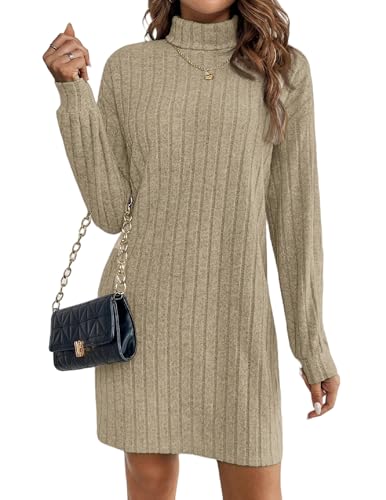 Zeagoo Strickkleid Damen Langarm Rollkragen Rippstrick Kleid Elegantes Pulloverkleid Herbst Winter Warmes Winterkleid Figurbetont Büro Freizeit Khaki L von Zeagoo