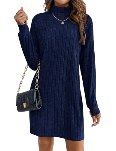 Zeagoo Strickkleid Damen Langarm Rollkragen Rippstrick Kleid Elegantes Pulloverkleid Herbst Winter Warmes Winterkleid Figurbetont Büro Freizeit Navy Blau L von Zeagoo