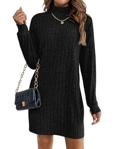 Zeagoo Strickkleid Damen Langarm Rollkragen Rippstrick Kleid Elegantes Pulloverkleid Herbst Winter Warmes Winterkleid Figurbetont Büro Freizeit Schwarz L von Zeagoo
