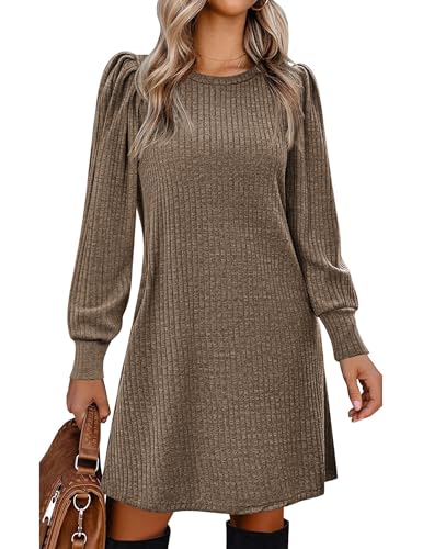 Zeagoo Strickkleid Damen Puff Leicht Herbstkleid Langarm Pulloverkleid Rundhals Midikleid Elegant Winterkleid mit Taschen Braun XXL von Zeagoo