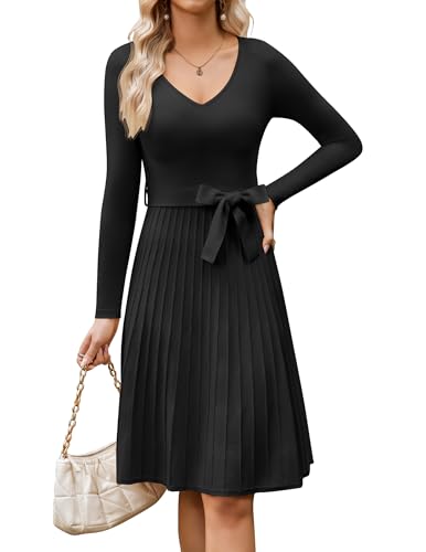 Zeagoo Strickkleid Damen Pulloverkleid V-Ausschnitt Langarm Herbstkleid Winter Elegant Tunika Kleid A-Linie Plissee Kleider mit Gürtel Schwarz M von Zeagoo