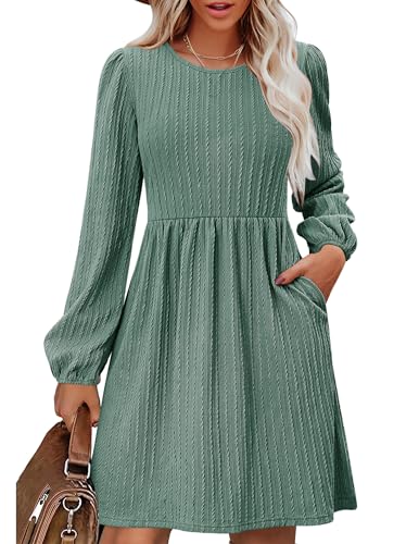 Zeagoo Damen Kleid Langarm Rundhals Strickkleid Casual Loose Fit Herbstkleid A Linie Kleider Winter Dress Freizeitkleid Grün M von Zeagoo