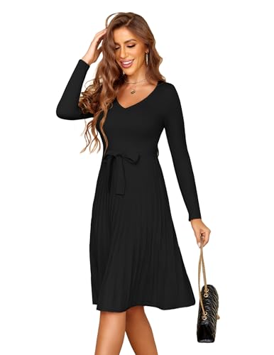 Zeagoo Strickkleid Damen V-Ausschnitt Pulloverkleid Langarm Winterkleid A-Linie Plissee Kleider Herbst Elegant Tunika Kleid mit Gürtel Schwarz XL von Zeagoo