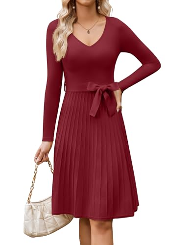 Zeagoo Strickkleid Damen Winter Herbst Langarm V-Ausschnitt Pulloverkleid A-Linie Plissee Kleider Elegant Einfarbig Midikleid mit Gürtel Weinrot XXL von Zeagoo