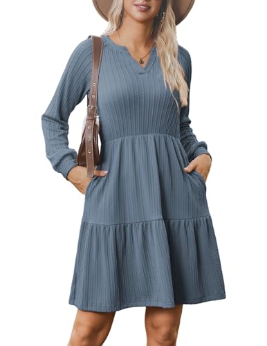 Zeagoo Strickkleid Langarm Kleider Damen Herbst Winter V-Ausschnitt Pulloverkleid A Linie Elegant Herbstkleid Geripptes Kleid Mit Taschen Hellblau XXL von Zeagoo