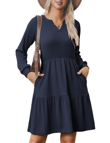 Zeagoo Strickkleid Langarm Kleider Damen Herbst Winter V-Ausschnitt Pulloverkleid A Linie Elegant Herbstkleid Geripptes Kleid Mit Taschen Navy Blau XXL von Zeagoo