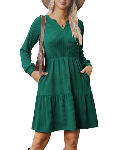 Zeagoo Strickkleider Damen V-Ausschnitt Langarm Herbstkleid A Linie Pulloverkleid Leichte Elegant Kleider Gestrickt Wickelkleid Grün L von Zeagoo