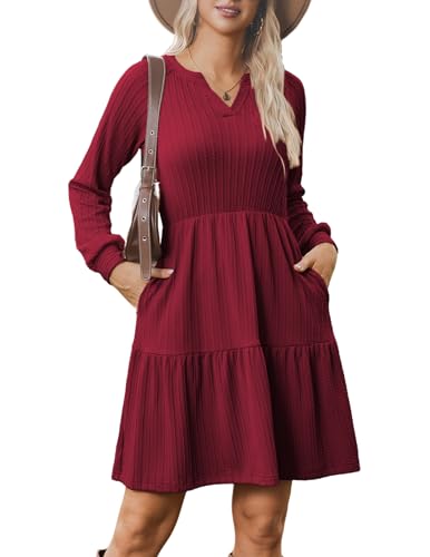 Zeagoo Strickkleider Damen V-Ausschnitt Langarm Herbstkleid A Linie Pulloverkleid Leichte Elegant Kleider Gestrickt Wickelkleid Rot L von Zeagoo