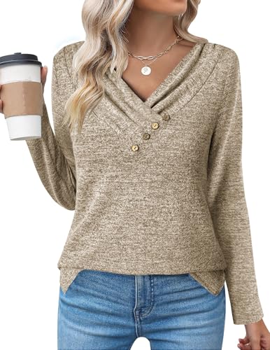 Zeagoo Shirt Damen Langarm Oberteile Einfarbig Longshirt Lässig T-Shirt Langarmshirt V-Ausschinitt Knopf Sweatshirt Lockere Tunika Top Khaki S von Zeagoo