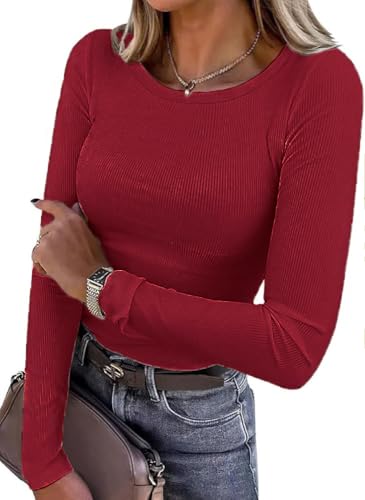 Zeagoo Strickpullover Damen Herbst Pullover Gerippt Langarmshirt Rundhals Sweater Winter Casual Oberteile Basic Slim Fit Pulli Weinrot XL von Zeagoo