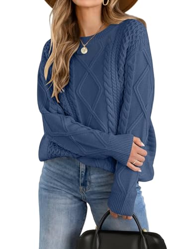 Zeagoo Strickpullover Damen Herbst Grobstrick Pullover Elegant Winterpullover Basic Rundhals Zopfmuster Pullover Blau L von Zeagoo