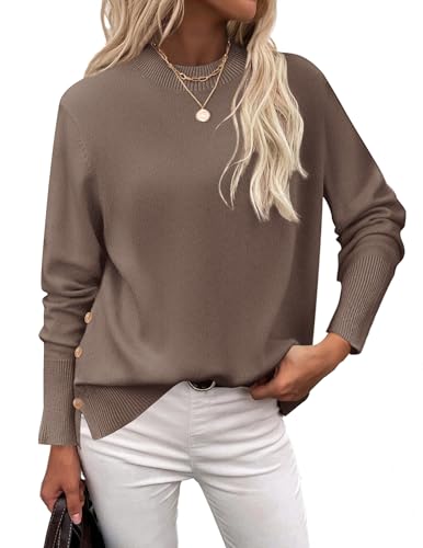 Zeagoo Strickpullover Damen Herbst Pullover Langarm Rundhals Strickpulli Winter Elegantes Oberteil Warm Knit Sweater mit Knöpfen Braun XL von Zeagoo