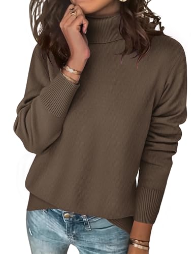 Zeagoo Strickpullover Damen Rollkragenpullover Feinstrick Elegant Pullover Langarm Strickpulli Stretch Warmer Winter Rolli Braun XXL von Zeagoo