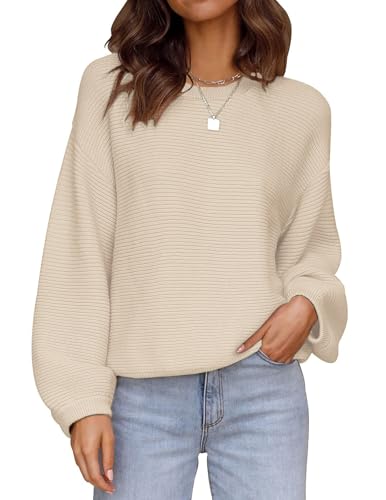 Zeagoo Strickpullover Damen Rundhals Pullover Fledermausärmel Pulli Geripptes Sweater Casual Oberteile Herbst Beige XXL von Zeagoo
