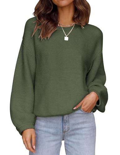 Zeagoo Strickpullover Damen Rundhals Pullover Fledermausärmel Pulli Geripptes Sweater Oberteile Herbst Grün XXL von Zeagoo