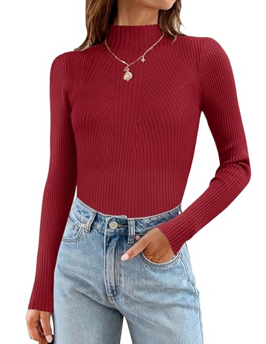 Zeagoo Strickpullover Damen Winter Pullover Casual Stehkragen Eng Pulli Warm Basic Oberteile Herbst Outwear Weinrot XL von Zeagoo