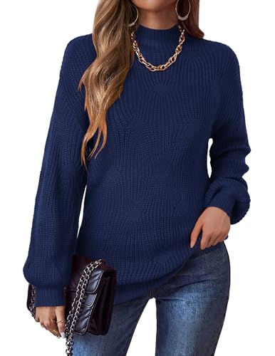 Zeagoo Strickpullover Damen Winter Rollkragenpullover Einfarbig Oversize Grobstrick Pulli Elegant Sweater Langarm Vintage Pullover Navy blau XL von Zeagoo