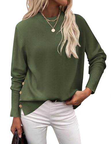 Zeagoo Sweater Damen Herbst Langarm Pullover Basic Rundhals Damenpullover Leicht Strickpullover mit Seitliche Knöpfen Armeegrün XL von Zeagoo