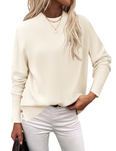 Zeagoo Sweater Damen Herbst Langarm Pullover Basic Rundhals Damenpullover Leicht Strickpullover mit Seitliche Knöpfen Cream L von Zeagoo
