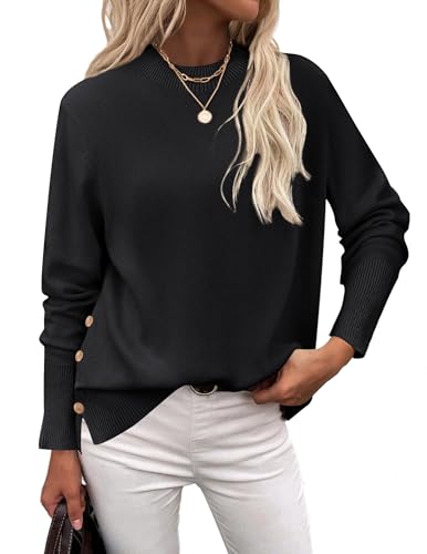 Zeagoo Sweater Damen Herbst Langarm Pullover Basic Rundhals Damenpullover Leicht Strickpullover mit Seitliche Knöpfen Schwarz XXL von Zeagoo