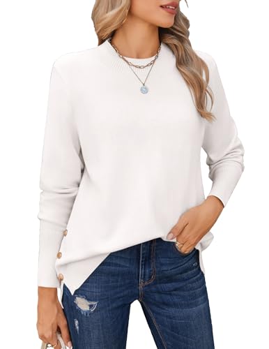 Zeagoo Sweater Damen Herbst Langarm Pullover Basic Rundhals Damenpullover Leicht Strickpullover mit Seitliche Knöpfen Weiß S von Zeagoo
