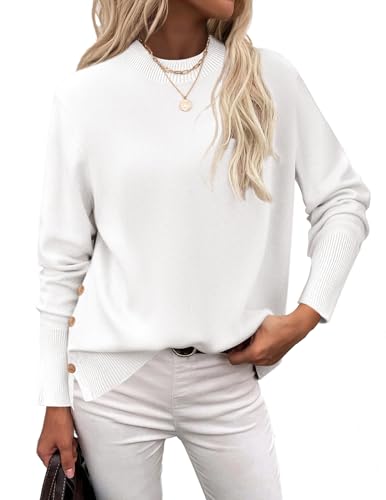 Zeagoo Sweater Damen Herbst Langarm Pullover Basic Rundhals Damenpullover Leicht Strickpullover mit Seitliche Knöpfen Weiß S von Zeagoo