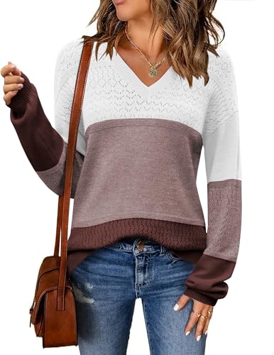 Zeagoo Sweater Damen V-Ausschnitt Langarm Ribbed Knit Pullover Dünne Colorblock Strickpullover Herbst Winter Pulli Elegant Sweatshirt Farbblock XL von Zeagoo