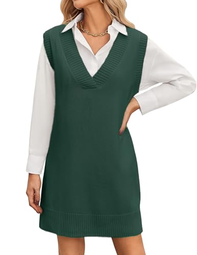 Zeagoo Sweater Kleid Damen Strickkleid Strick Pullunder Kleid Ärmellos V-Ausschnitt Pullunder Damen über Bluse Knielang Elegant Herbstkleid Winterkleid Modisches Layering Outfit Grün L von Zeagoo