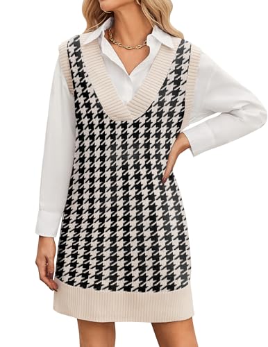 Zeagoo Sweater Kleid Damen Strickkleid Strick Pullunder Kleid Ärmellos V-Ausschnitt Pullunder Damen über Bluse Knielang Elegant Herbstkleid Winterkleid Modisches Layering Outfit Hahnentritt Kariert L von Zeagoo