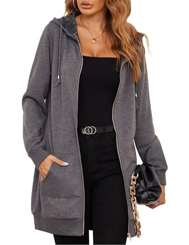 Zeagoo Kapuzenpullover Damen Langarm Warme Einfarbiges Hoodie Herbst Winter Lässiges Lockeres Sweatshirt mit Kapuze Kuschel Zipper Hoody Pullover Gunkelgrau M von Zeagoo