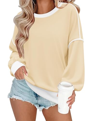 Zeagoo Sweatshirt Damen Pullover Elegant Rundhals Pulli Casual Oberteile Tops Oversized Langarmshirt Basic T-Shirt Herbst Winter Ohne Kapuze Beige XS von Zeagoo